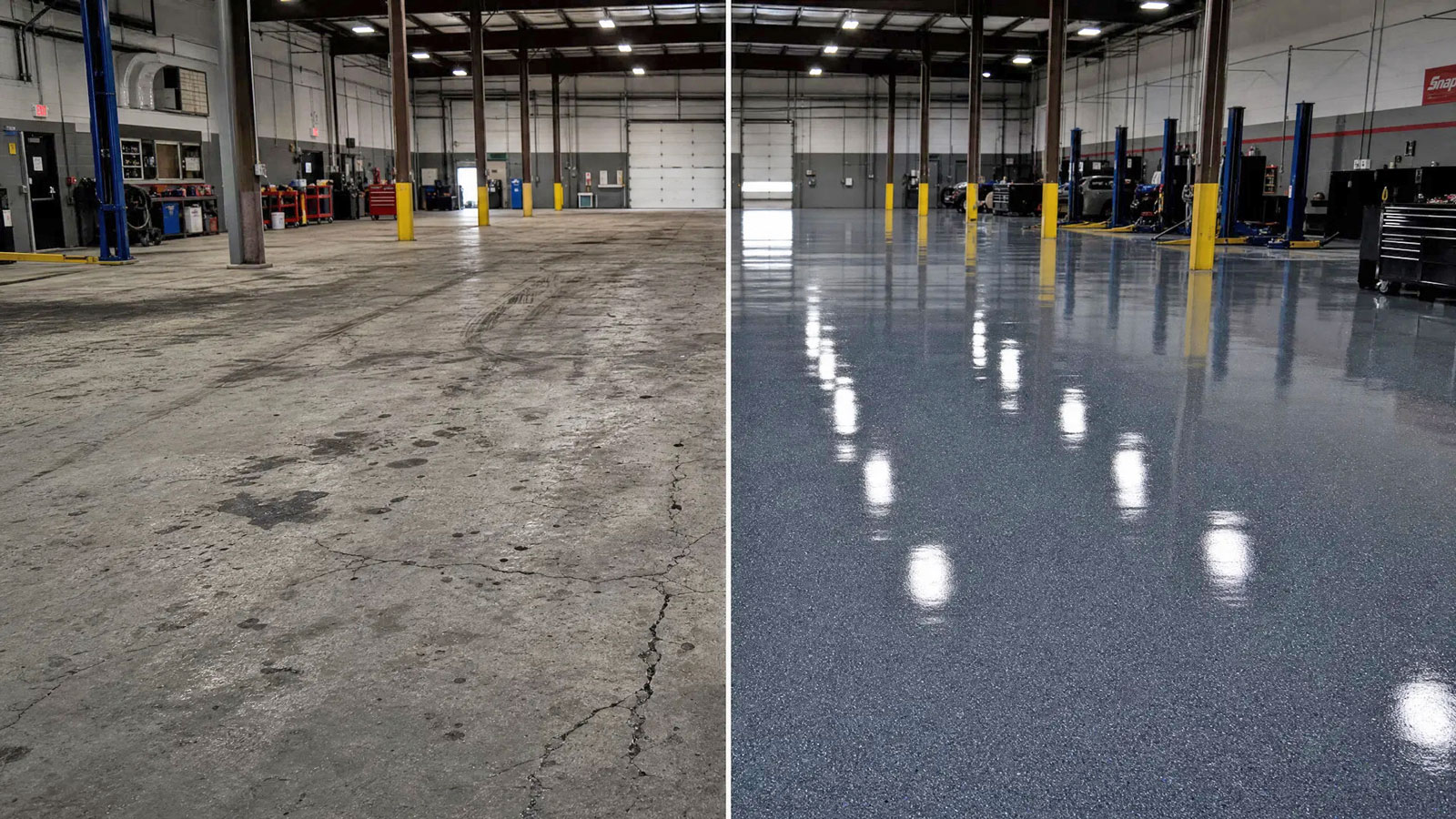 Commercial floor coating before and after — auto shop in South Bend IN